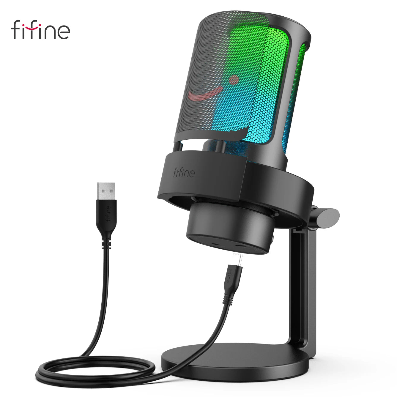 FIFINE USB Microphone for Recording and Streaming on PC and Mac,Headphone Output and Touch-Mute Button,Mic with 3 RGB Modes -A8