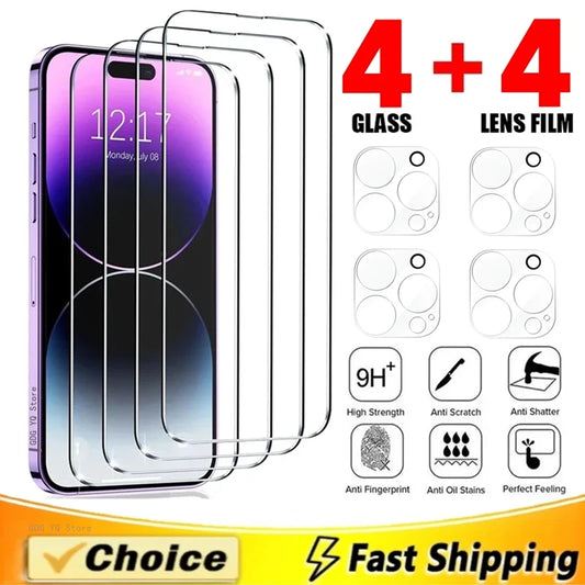 4Pcs Tempered Glass Screen Protector With 4Pcs Camera Lens Protector Film For iPhone 15 11 12 13 14 Pro Max Mini 14 Plus Series 4 Glass and 4 Lens