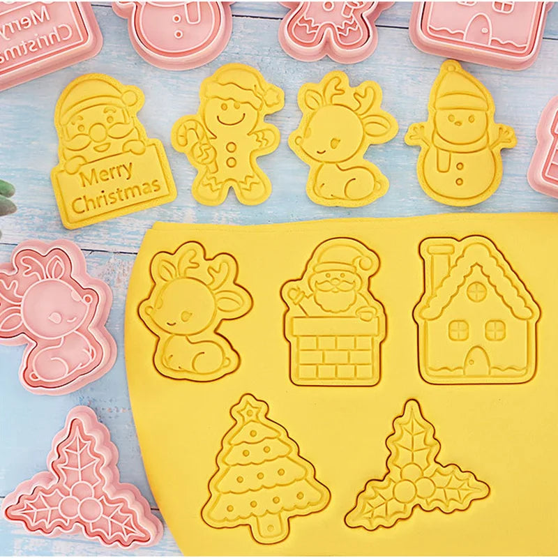 8Pcs 3D Christmas Cookie Cutters Biscuit Mold Santa Snowman Tree Elk Cookie Mould Stamp Xmas New Year Party Decor Baking Tools