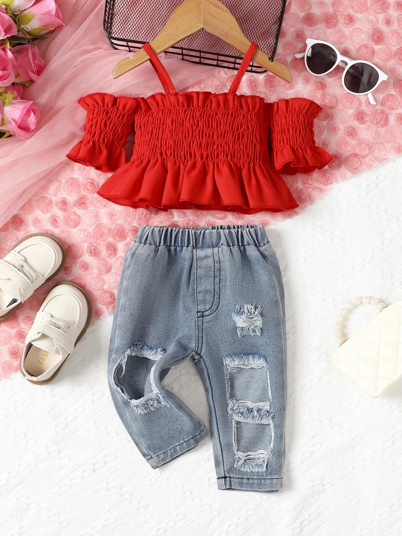 2pcs Baby Girls Clothing Set Strap Off Shoulder Sleeves Ruffle Edge Folds Top Denim Trousers Suit Baby Fashion Clothes Summer