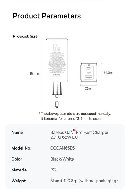 Baseus 65W GaN Charger Quick Charge 4.0 3.0 Type C PD USB Charger Portable QC4.0 3.0 Fast Charger For Laptop IPhone14 13