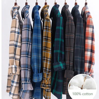 Long Sleeve Regular Fit Home New Spring Autumn 100% Cotton Plaid Mens Shirts Casual for Man Clothes Plus Size