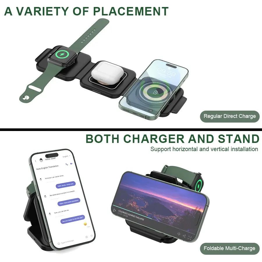 3 In 1 Magnetic Wireless Charger Pad Foldable Phone Chargers Stand Dock for iPhone 15 14 13 12 IWatch 8 7 Fast Charging Station