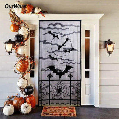 OurWarm Halloween Bat Spider Curtains for Black Doorway Decoration Sheer Lace Window Drapes Party Festival Supplies Home Decor