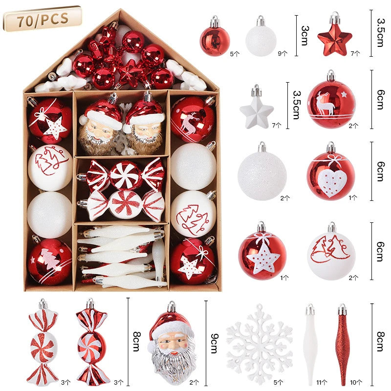 70Pcs Christmas Ball Ornaments Snowflake Snowman Star Xmas Tree Hanging Pendants Noel Navidad Home Decoration 2024 New Year Gift Set-B as picture