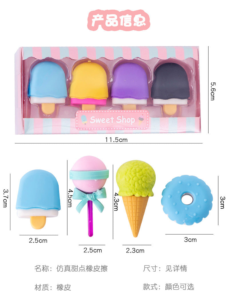 4pcs Yummy Icecream Erasers Set Mini Lollipop Dessert Popsicle Donuts Rubber Pencil Eraser for Kids Gift School Student Award