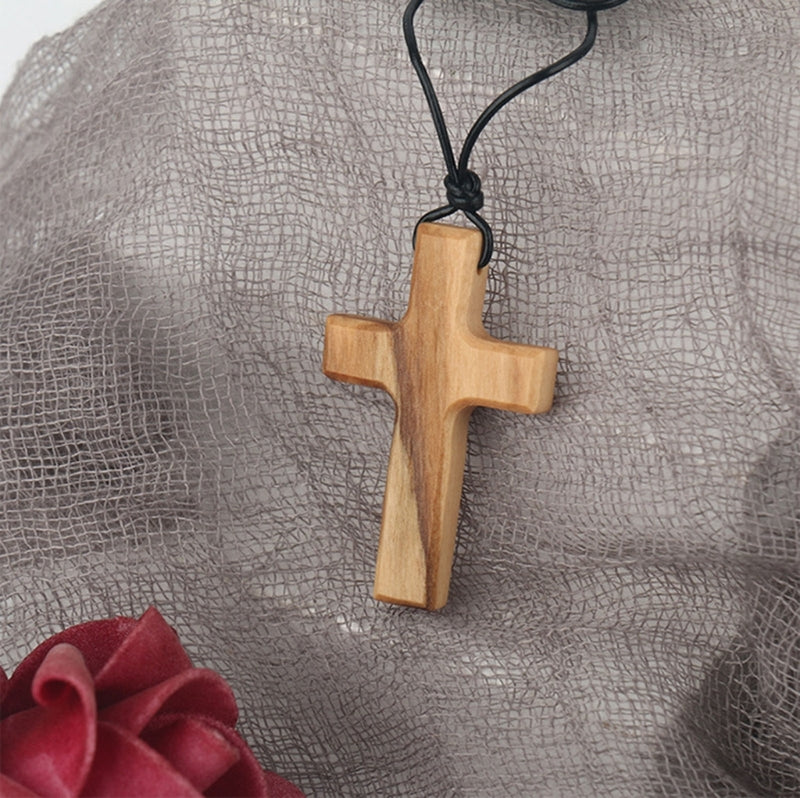 Olive Wood Pendant Long Adjustable Black Leather Rope Necklace Cross-shape Pendant Christian Gifts for Men and Women