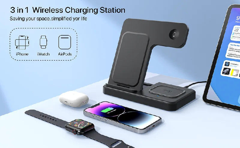 3 In 1 Wireless Charger Stand Pad For iPhone 14 13 12 11X8 Apple Watch 8 7 6 5 Airpods Foldable 15W Fast Charging Dock Station