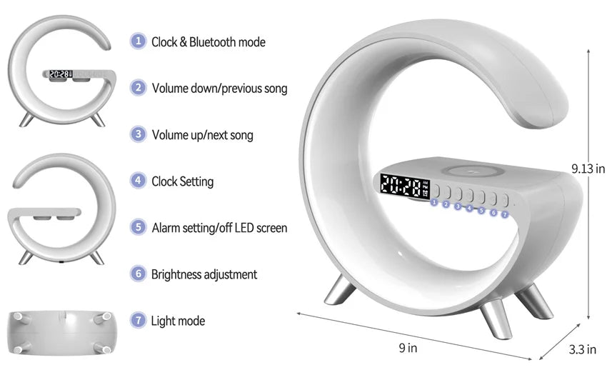 Wireless Charger Stand Alarm Clock Bluetooth Speaker LED Lamp RGB Night Light Fast Charging Station for iPhone Samsung Xiaomi