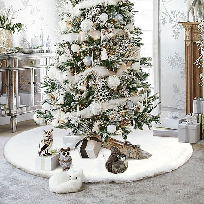 Silver Snowflake Christmas Tree Skirt White Plush Xmas Tree Base Cover Carpet Christmas Decorations For Home Natal New Year 2023