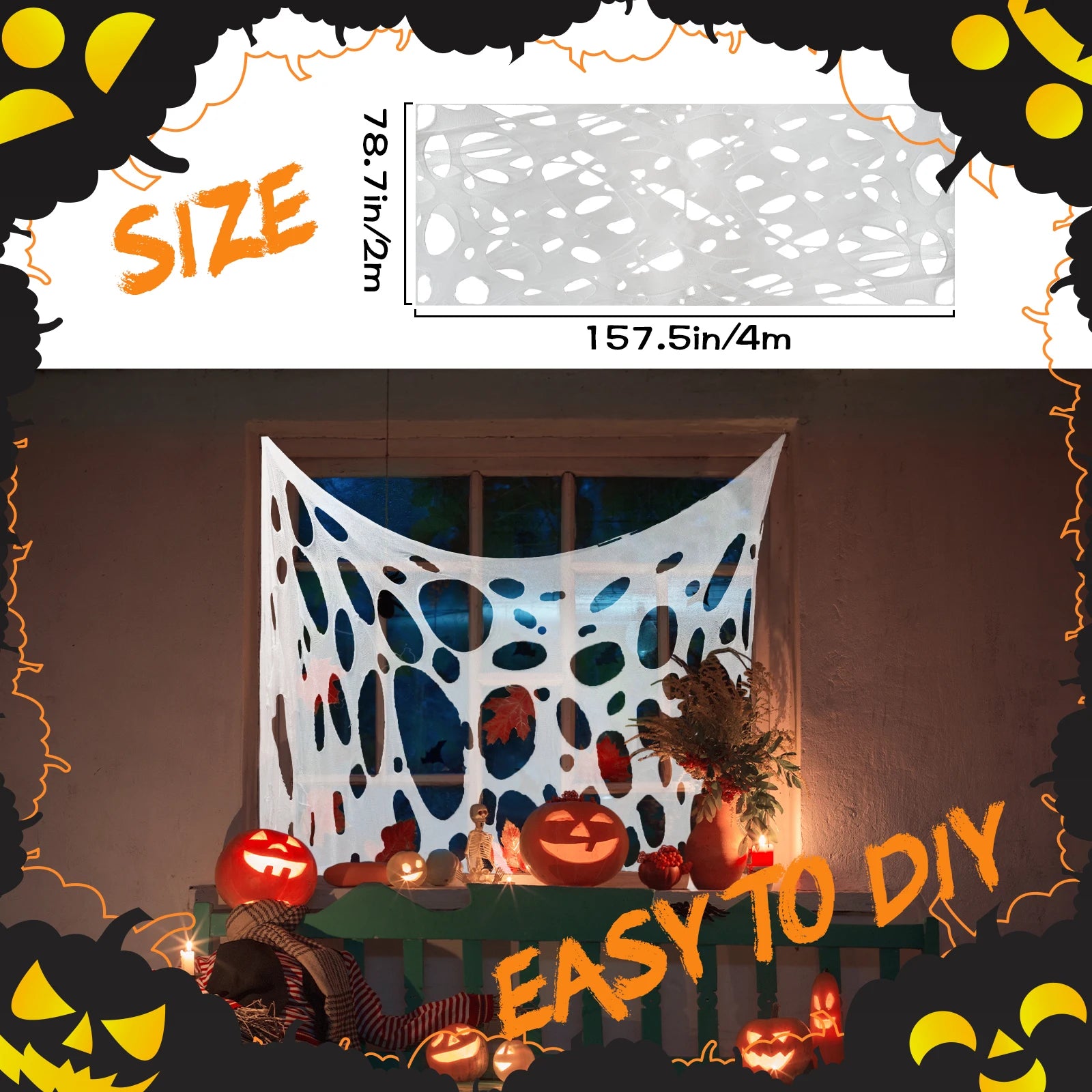 OurWarm 4m Halloween Decorations Outdoor Spider Web Giant Stretchy Netting Spider Webbing Ripped Cobweb Haunted House Prop Decor