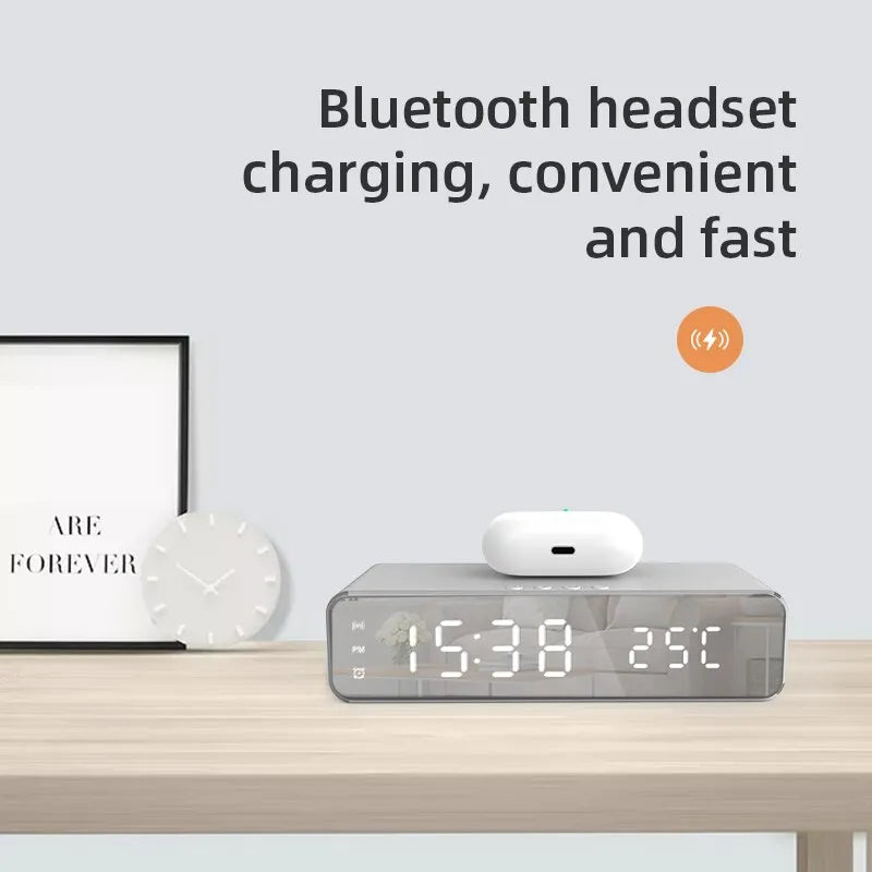 Wireless Charger Time Alarm Clock LED Digital Thermometer Earphone Phone Chargers Fast Charging Dock Station for iPhone Samsung