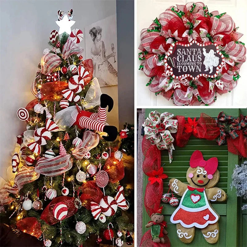 10Yard Christmas Red White Metallic Mesh Ribbon Xmas Tree Candy Cane Decoration Ornament DIY Wreath Bow 2024 New Year Gift 26cm