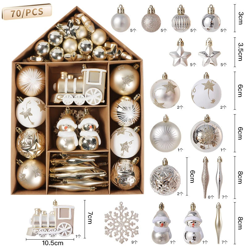 70Pcs Christmas Ball Ornaments Snowflake Snowman Star Xmas Tree Hanging Pendants Noel Navidad Home Decoration 2024 New Year Gift