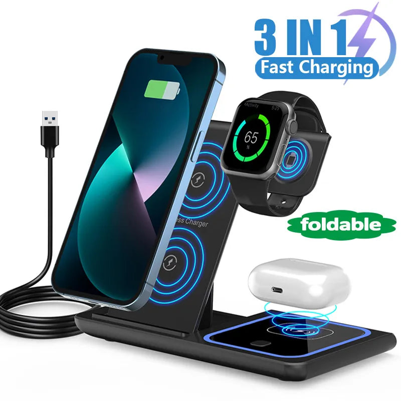 3 In 1 Wireless Charger Stand Pad Foldable 15W Fast Charging Dock Station For iPhone 15 14 13 12 Pro Max Apple Watch 8 7 Airpods