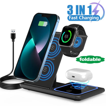 3 In 1 Wireless Charger Stand Pad Foldable 15W Fast Charging Dock Station For iPhone 15 14 13 12 Pro Max Apple Watch 8 7 Airpods