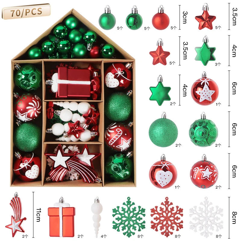 70Pcs Christmas Ball Ornaments Snowflake Snowman Star Xmas Tree Hanging Pendants Noel Navidad Home Decoration 2024 New Year Gift Set-E as picture