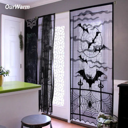 OurWarm Halloween Bat Spider Curtains for Black Doorway Decoration Sheer Lace Window Drapes Party Festival Supplies Home Decor