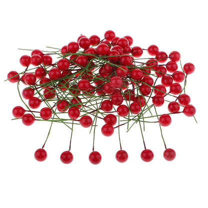 100pcs Artificial Berries Gold Silver Red Cherry Stamen Mini Fake Flowers Pearl Beads for DIY Christmas Party Craft Decoration