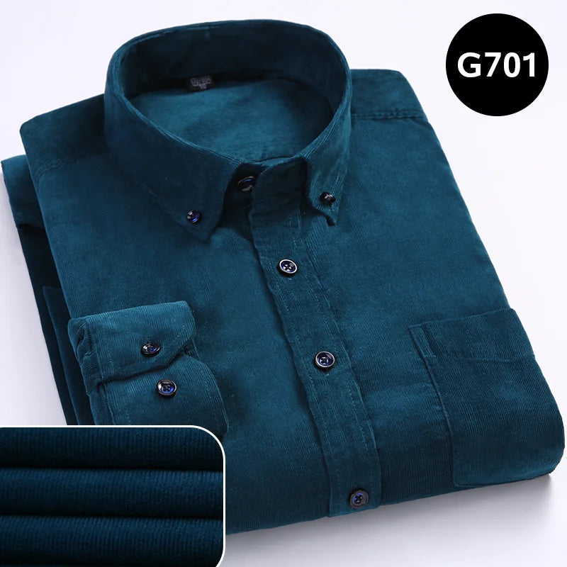 Cotton Corduroy Shirt Long Sleeve Winter Regular Fit Mens Casual Shirt Warm S~6xl Solid Men's Shirts with Pokets Autumn Quality