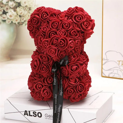 Artificial Flowers 25cm Rose Bear Girlfriend Anniversary Christmas Valentine's Day Gift Birthday Present For Wedding Party Wine Red Without Crown