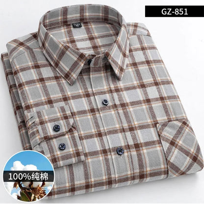 Long Sleeve Regular Fit Home New Spring Autumn 100% Cotton Plaid Mens Shirts Casual for Man Clothes Plus Size