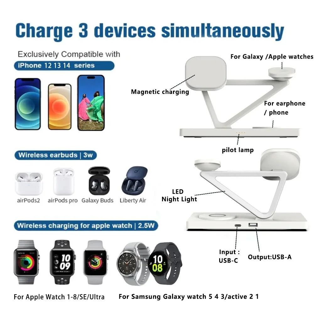 5 In 1 Magnetic Wireless Charger Stand Pad Light for iPhone 14 13 12 X Samsung Apple Galaxy Watch 15W Fast Charging Dock Station