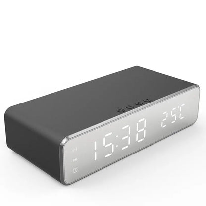 Wireless Charger Time Alarm Clock LED Digital Thermometer Earphone Phone Chargers Fast Charging Dock Station for iPhone Samsung Black