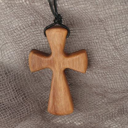 Olive Wood Pendant Long Adjustable Black Leather Rope Necklace Cross-shape Pendant Christian Gifts for Men and Women