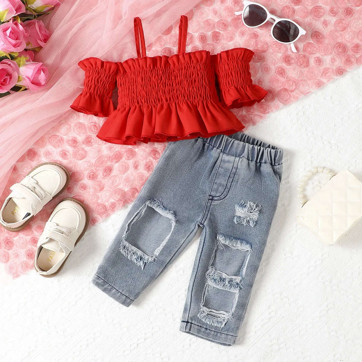 2pcs Baby Girls Clothing Set Strap Off Shoulder Sleeves Ruffle Edge Folds Top Denim Trousers Suit Baby Fashion Clothes Summer Red