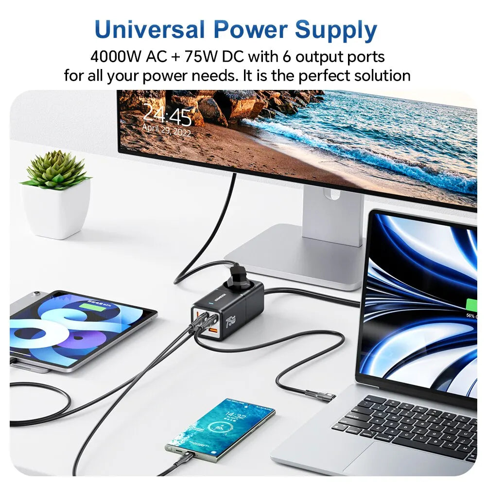 ASOMETECH 75W GaN Desktop Charger Power Strip Charging Station 4000W Rated Power 70W PD Quick Charger For iPhone Samsung Laptop