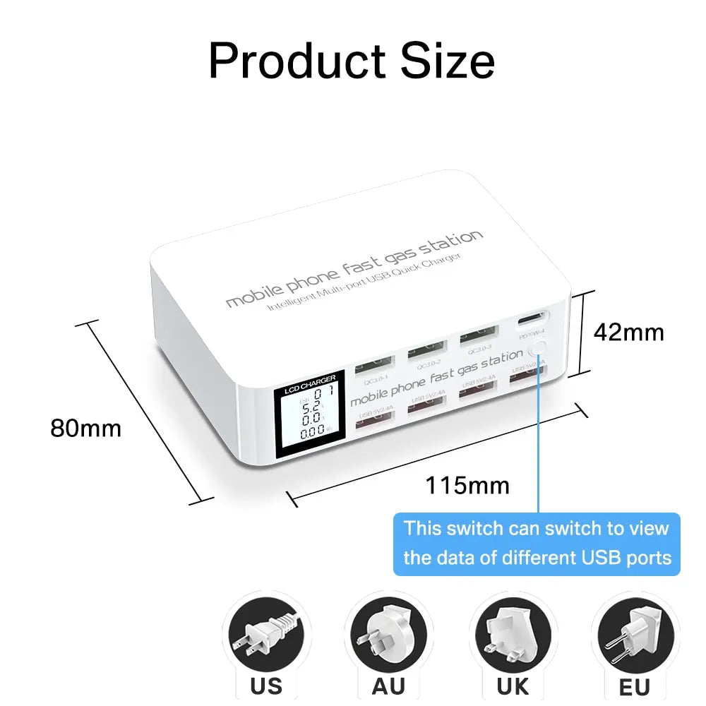100W USB Charging Station With 3 QC3.0 Quick Charge USB Port 20W PD USB Type C Port LCD Display Fast Charger For iPhone Xiaomi