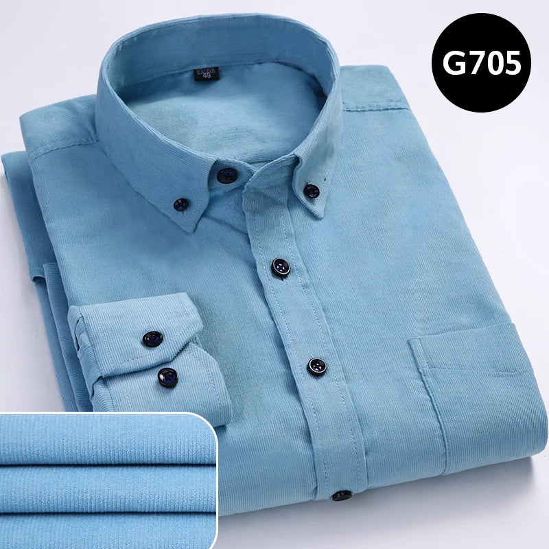 Cotton Corduroy Shirt Long Sleeve Winter Regular Fit Mens Casual Shirt Warm S~6xl Solid Men's Shirts with Pokets Autumn Quality G705