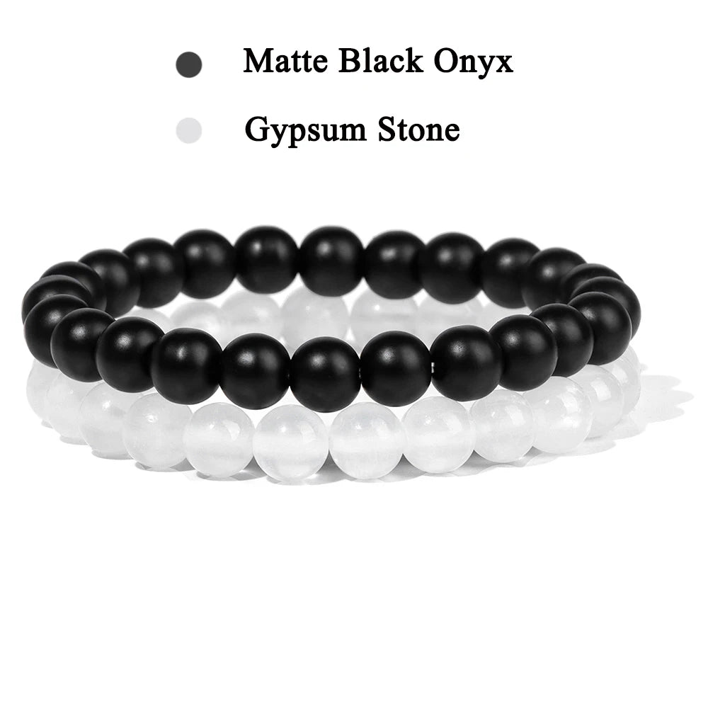 Set Bracelet Couples Distance Black White Natural Lava Stone Tiger Eye Beaded Yoga Bracelets for Men Women Elastic Rope Jewelry No.28