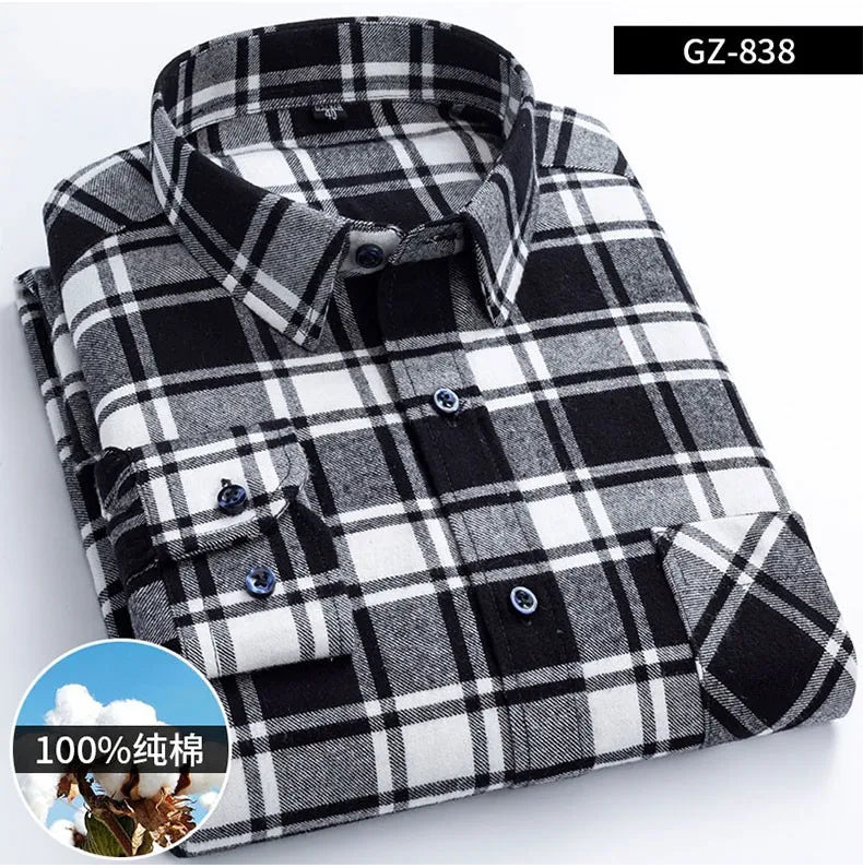 Long Sleeve Regular Fit Home New Spring Autumn 100% Cotton Plaid Mens Shirts Casual for Man Clothes Plus Size