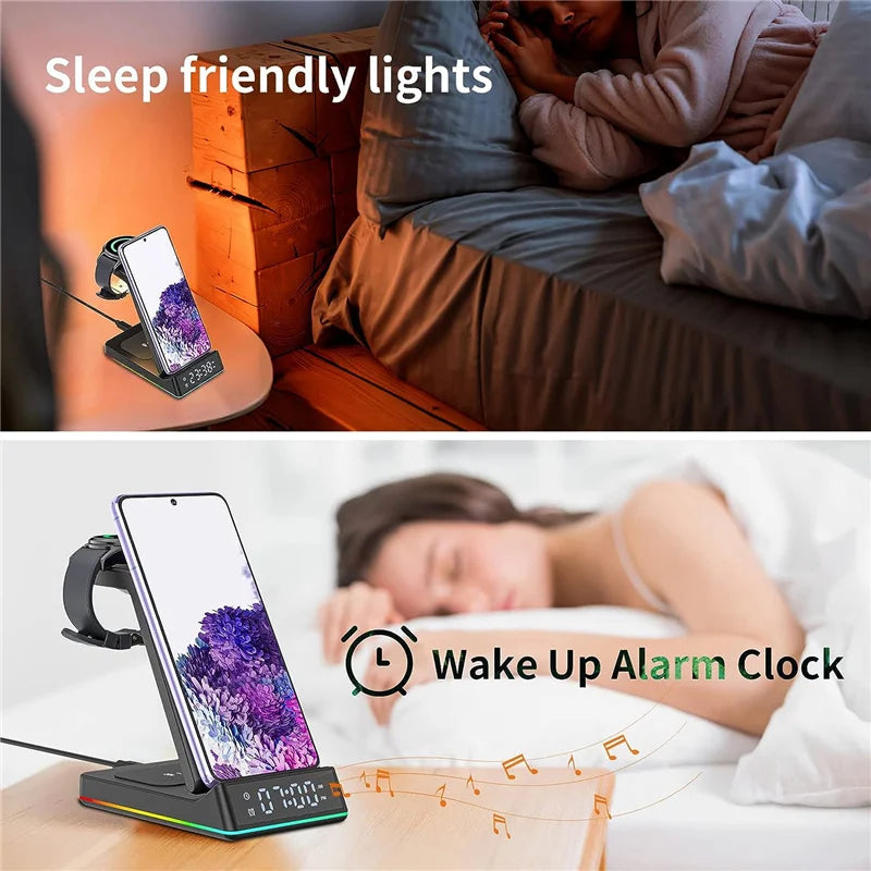 5 In 1 15W Foldable Wireless Charger Stand RGB LED Clock Fast Charging Station Dock for iPhone Samsung Galaxy Watch 5/4 S22 S21