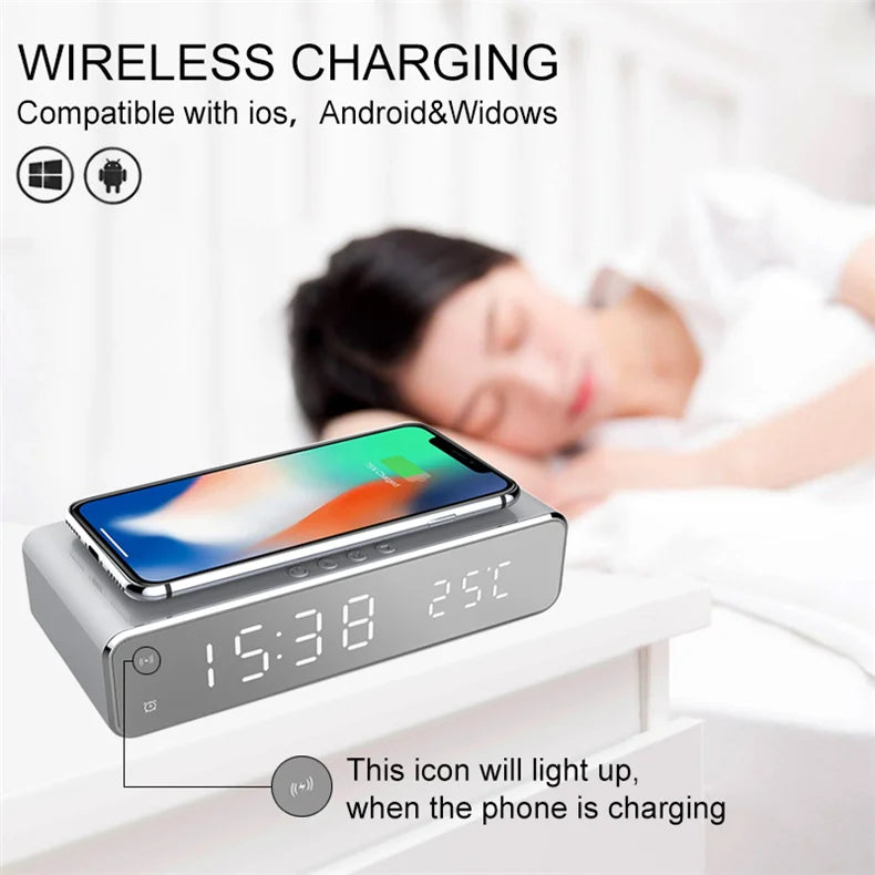 Wireless Charger Time Alarm Clock LED Digital Thermometer Earphone Phone Chargers Fast Charging Dock Station for iPhone Samsung