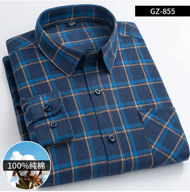 Long Sleeve Regular Fit Home New Spring Autumn 100% Cotton Plaid Mens Shirts Casual for Man Clothes Plus Size