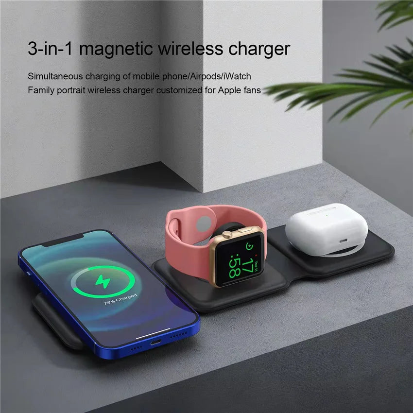 3 In 1 Magnetic Wireless Charger Pad Stand Foldable for iPhone 15 14 13 12 11 Apple Watch AirPods 15W Fast Charging Dock Station