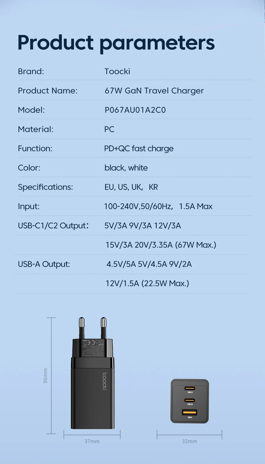 Toocki 67W GaN USB C Charger Quick Charge 65W QC4.0 PD 3.0 45W USB C Type C Fast USB Charger For iPhone 15 14 13 12 Pro MacBook