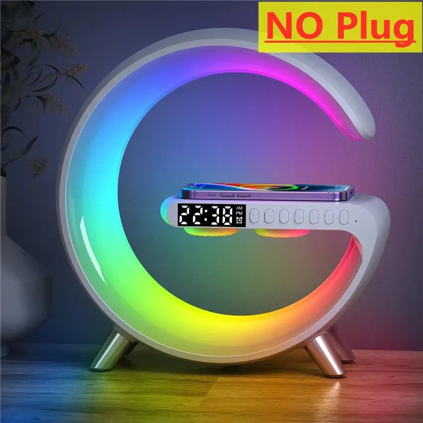 Multifunctional Wireless Charger Stand Alarm Clock Speaker APP RGB Light Fast Charging Station for iPhone X 11 12 13 14 Samsung White No Plug