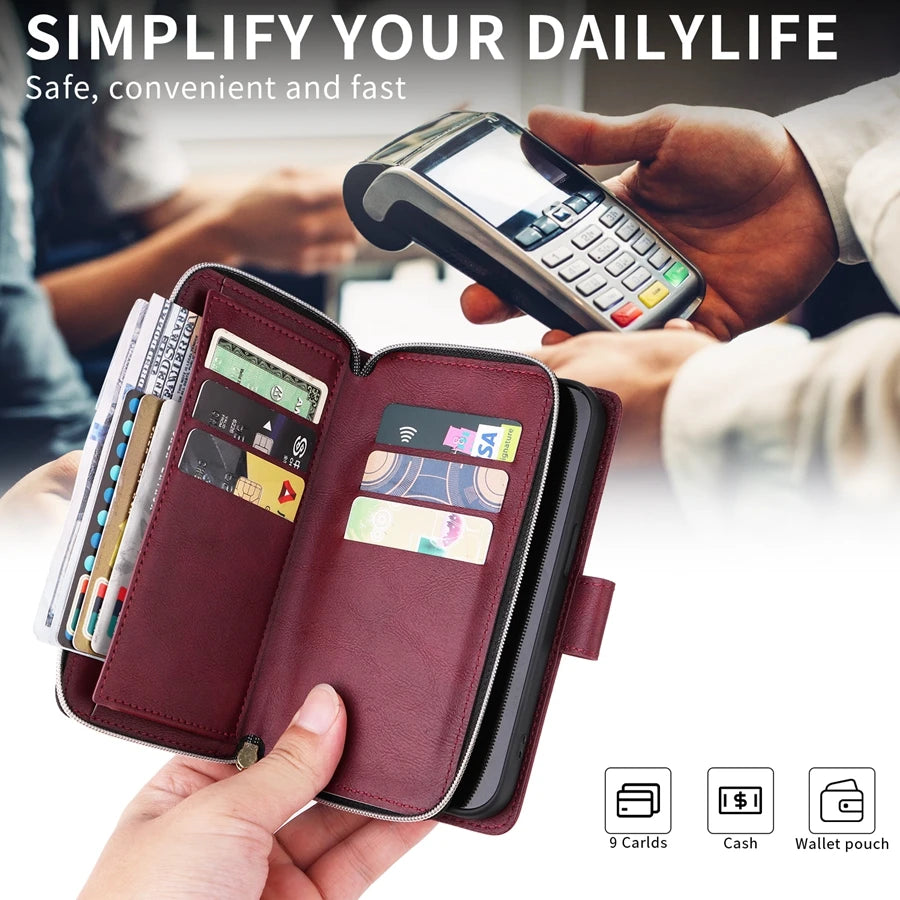 Wallet Luxury 9-Card Leather Case For Samsung Galaxy S23 Ultra S22 Ultra S21 Plus S20 FE S10 Lite S9 S8 Note 20 Ultra 10 Lite