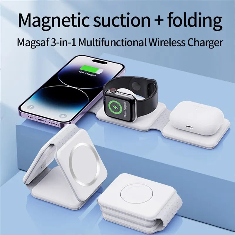 3 in 1 Magnetic Wireless Charger Pad Foldable Phone Chargers Stand For iPhone 14 13 12 Airpods IWatch 7 6 5 Xiaomi Fast Charging