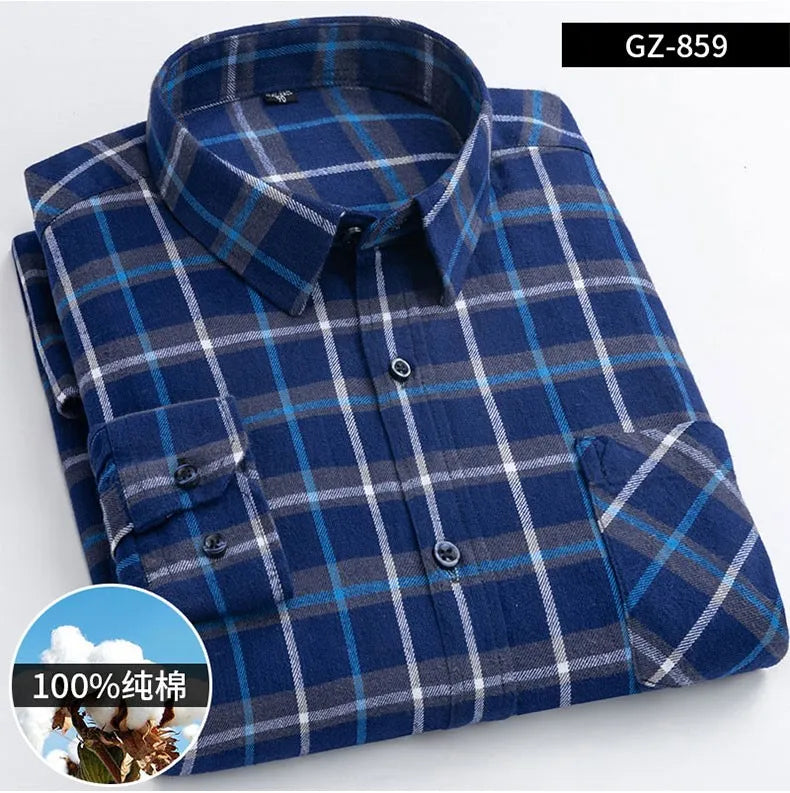 Long Sleeve Regular Fit Home New Spring Autumn 100% Cotton Plaid Mens Shirts Casual for Man Clothes Plus Size