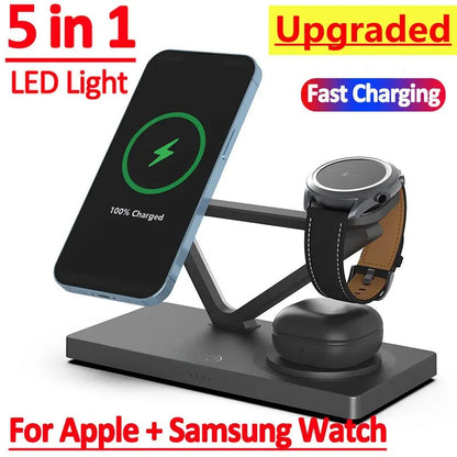 5 In 1 Magnetic Wireless Charger Stand Pad Light for iPhone 14 13 12 X Samsung Apple Galaxy Watch 15W Fast Charging Dock Station