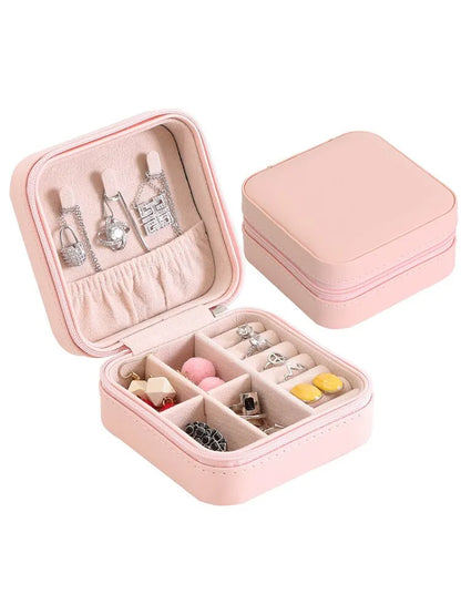 Solid Color Jewelry Organizer Leather Square Small Round Box Ring Earrings Portable Travel Jewelry Storage Bag Pink