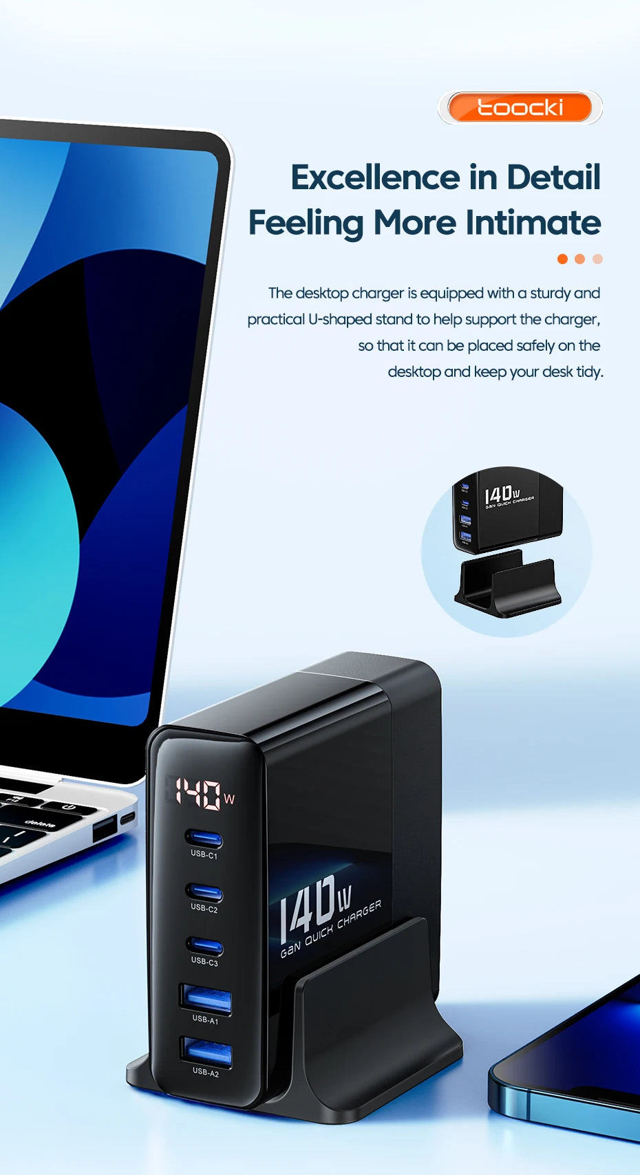 Toocki 140W USB Charger Multi Port Charging Station GaN Fast Charge Desktop For iPhone 15 PD Type C Power Adapter LED Display