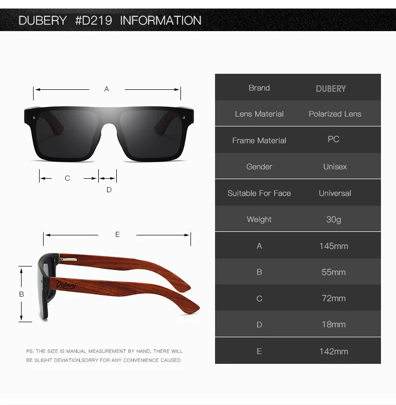 DUBERY® Natural Wooden Sunglasses Men Polarized Fashion Sun Glasses Original Wood Oculos De Sol Masculino 219