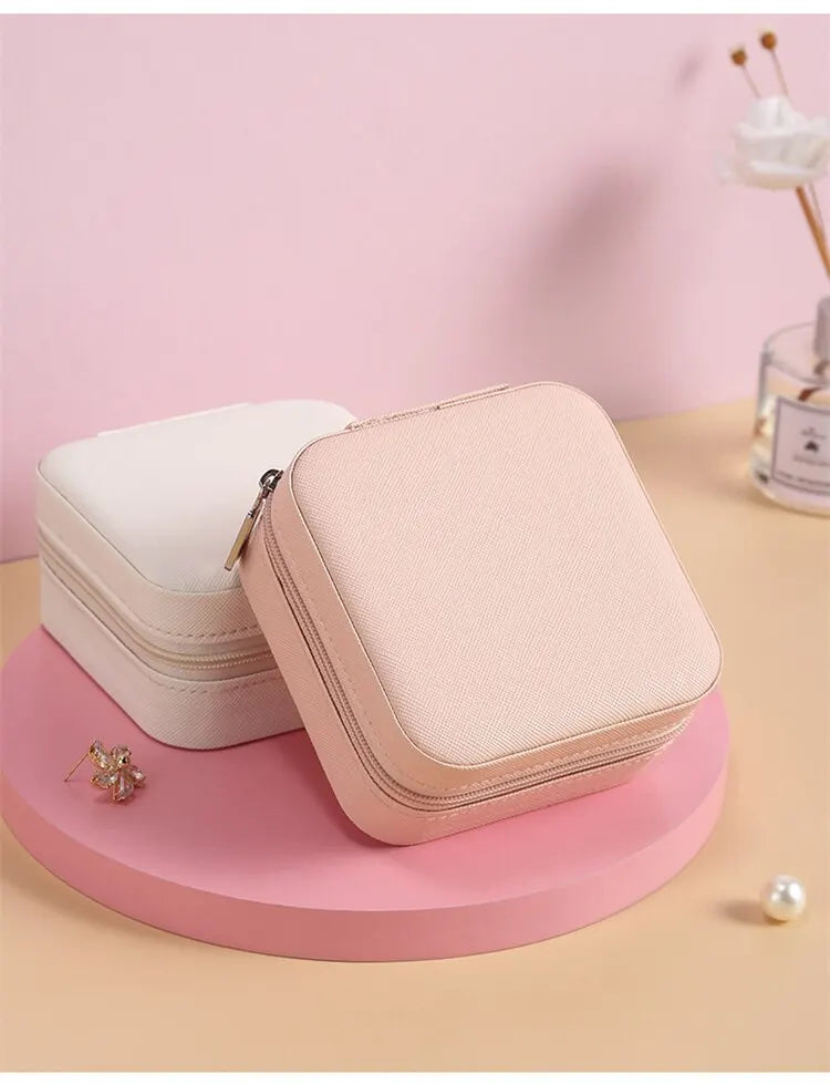 Solid Color Jewelry Organizer Leather Square Small Round Box Ring Earrings Portable Travel Jewelry Storage Bag