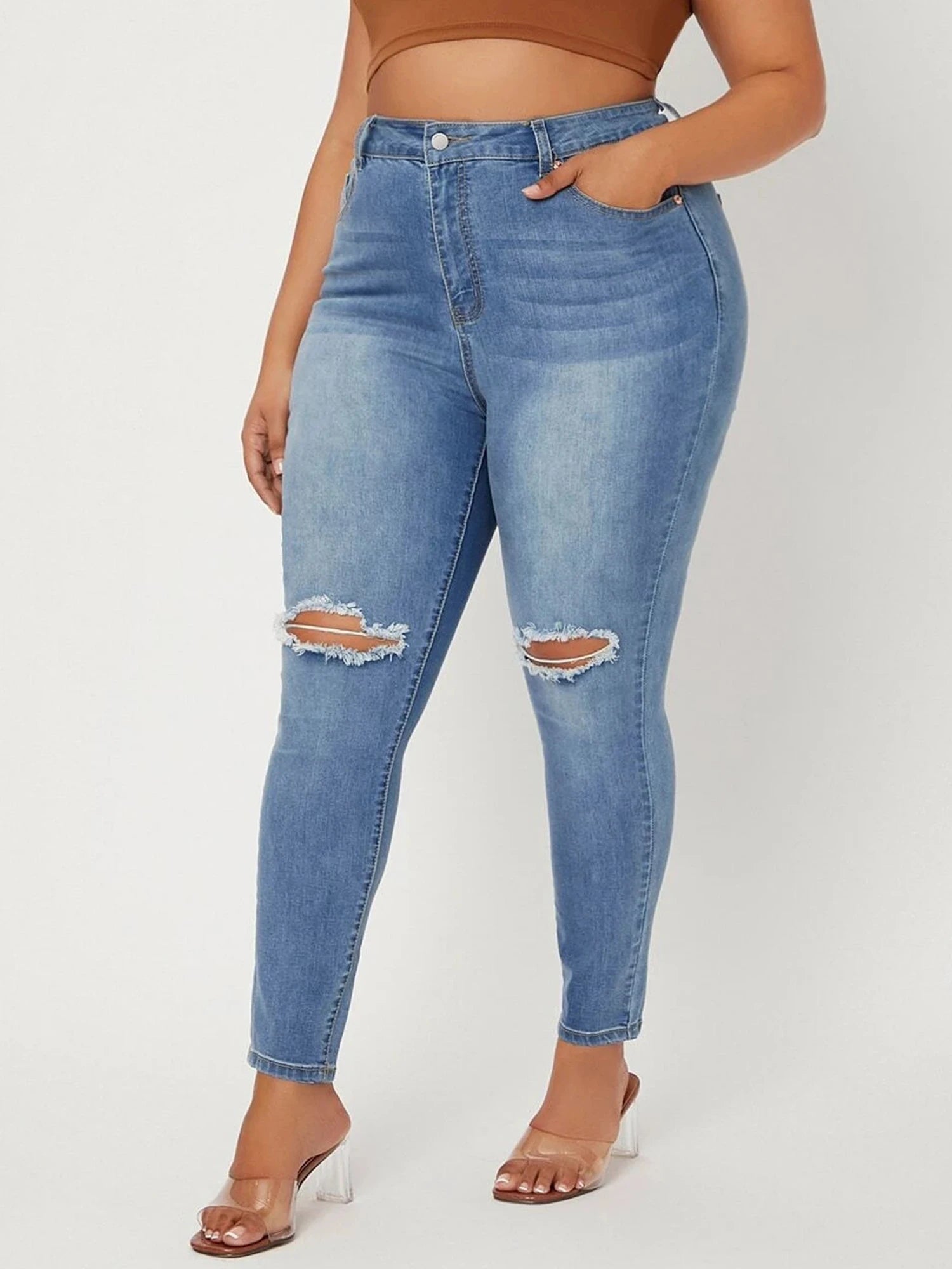 Plus Size Ripped Jeans for Women High Waist Stretchy Washing Hope Women Jeans Spring 2023 Denim Jeans for Ladies 6XL 80kgs Jeans